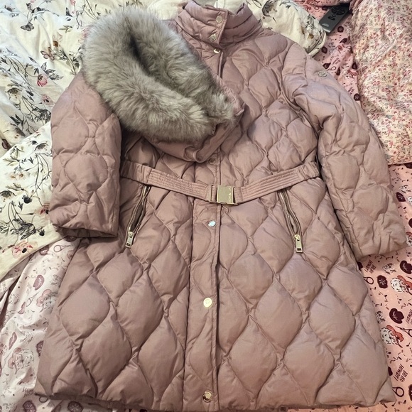 Michael Kors Blush Belted Faux Fur Trim Hooded Puffer Coat size Large - Picture 6 of 10